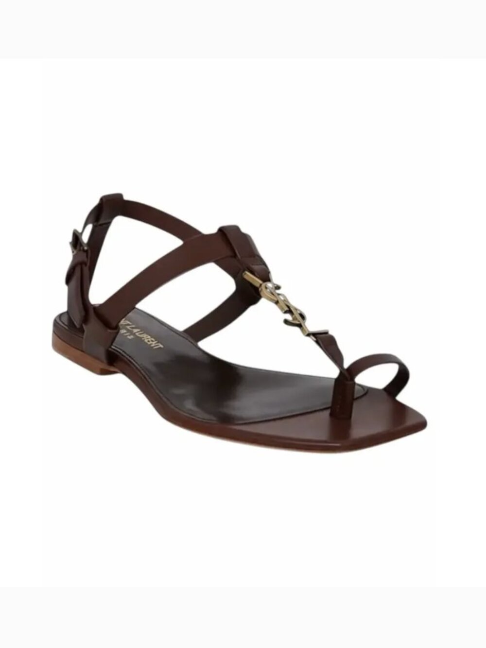 Saint Laurent Cassandra YSL Logo T Strap Toe Ring Sandal Brown Size 39.5